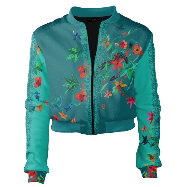 Designer Cropped Bomber Jacket Women artistic Folk Flowers stylish slim fit short casual crop party top small fitted blazer bolero