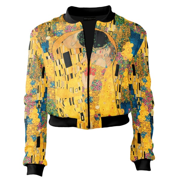 Wearable Art Kiss Klimt Cropped BomberJacket Women artistic designer stylish slim fit short casual crop party top small fitted blazer bolero