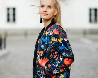 Luxus Bomberjacke Designer Frauen Männer schwarz Festival Kleidung Blumen Bunt Dschungel einzigartig Blumendruck rave hipster extra rare künstlerisch