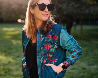 Artistique Bomber Jacket unisexe designer vintage classique Folk Flowers hippie unique zip avant rave feuilles festival de fleurs vertes fabriqué en Italie