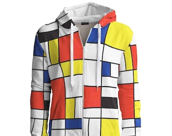 Piet Mondrian Zip Up Hoodie wearable art vintage clothing unique vintage clothing unisex artistic fashion yellow luxury creative trendy