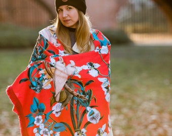 Exotic Parrot Floral Scarf: Red Green Designer Shawl, Vintage Style