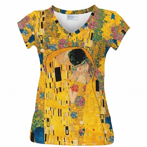 Gustav Klimt The Kiss V-Neck T-Shirt: Elegant Gold Art Print