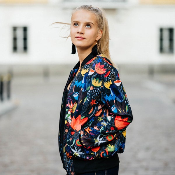 Luxury Bomber Jacket designer women men black festival clothing flowers Colorful Jungle unique floral print rave hipster extra rare artistic