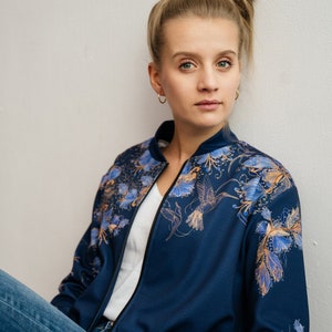 Luxury Floral and Hummingbird Bomber Jacket - Elegant Navy Blue with Gold and Purple Art, Unique Artistic Chic Fashion Statement Piece