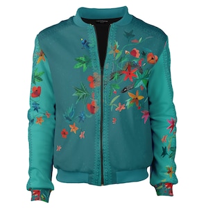 Artistic Bomber Jacket unisex designer vintage classic Folk Flowers hippie unique zip front rave leaves green flowers festival made in italy image 2