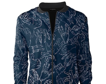 Egon Schiele Inspired Bomber Jacket: Hand-Drawn Art, Navy Blue Streetwear