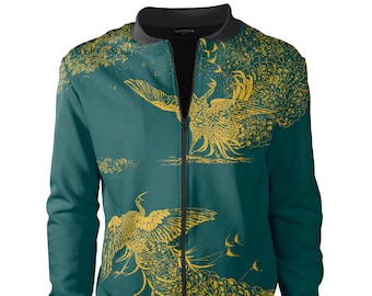 Golden Peacock Bomber Jacket – Artistic Pastel Green Streetwear