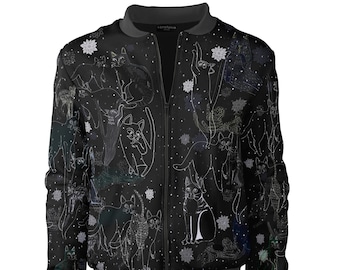 Cosmic Cat Bomber Jacket: Unisex Black Streetwear with Starry Design