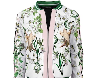 Vintage Lovebirds Bomber Jacket – Orchid & Bird Nature-Inspired Art