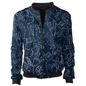 Egon Schiele Inspired Bomber Jacket: Hand-Drawn Art, Navy Blue Streetwear