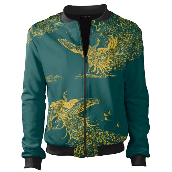 Creative Bomber Jacket women men vintage clothing Green Peacocks art painting zip front designer hipster grunge coat for him unisex bomber