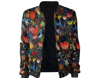 Bomber jacket women Jungle vintage clothing painting print colorful prints full print jacket flowers black CACOFONIA for her women's bomber