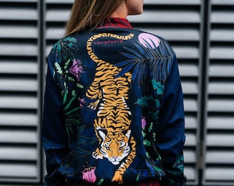 Tiger Designer Bomber Jacket women vintage clothing flowers black unique animal african festival zip rave hipster luxury extra rare trendy