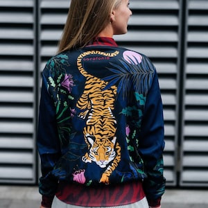 Tiger Designer Bomber Jacket women vintage clothing flowers black unique animal african festival zip rave hipster luxury extra rare trendy image 1