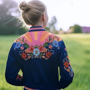 Retro Floral Rising Sun Bomber Jacke - 60er 70er Stil