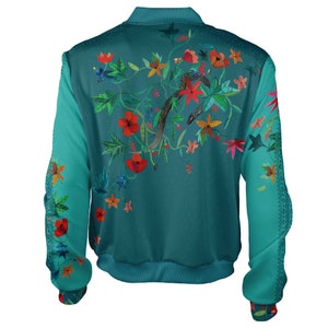 Artistic Bomber Jacket unisex designer vintage classic Folk Flowers hippie unique zip front rave leaves green flowers festival made in italy image 3