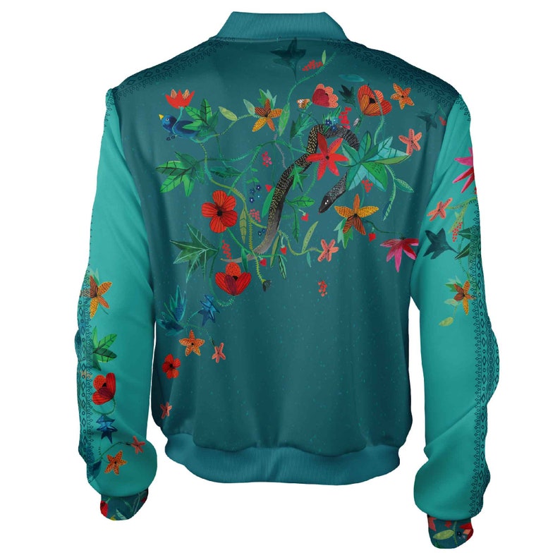 Künstlerische Bomberjacke unisex Designer Vintage Klassiker Folk Blumen hippie einzigartig Zipfront Rave Blätter grüne Blumen Festival Made in Italy Bild 3