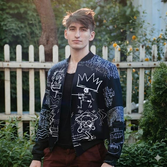 Striking Black & White Graffiti Sketch Bomber Jacket – Edgy Urban