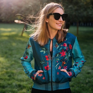 Artistic Bomber Jacket unisex designer vintage classic Folk Flowers hippie unique zip front rave leaves green flowers festival made in italy image 6