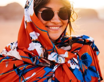 Floral Bird Red Scarf Wrap Pareo Sarong – Vibrant Nature-Inspired Artistic Handpainted Accessory
