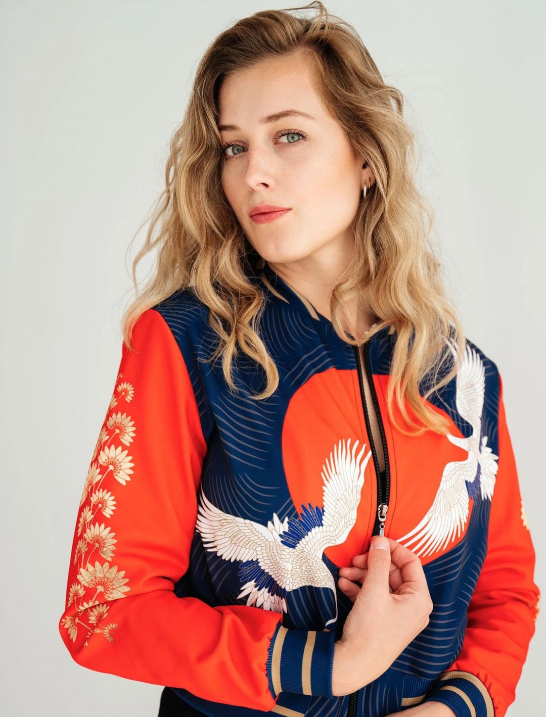 Japanese Cranes Cropped Bomber Jacket: Navy Blue With Red Sun, Gold ...