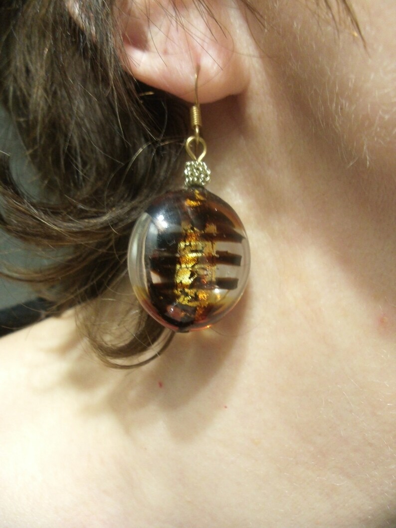 gold plated earrings and Lampwork bead earrings round Murano earrings dangle earrings gold leaf amber earrings