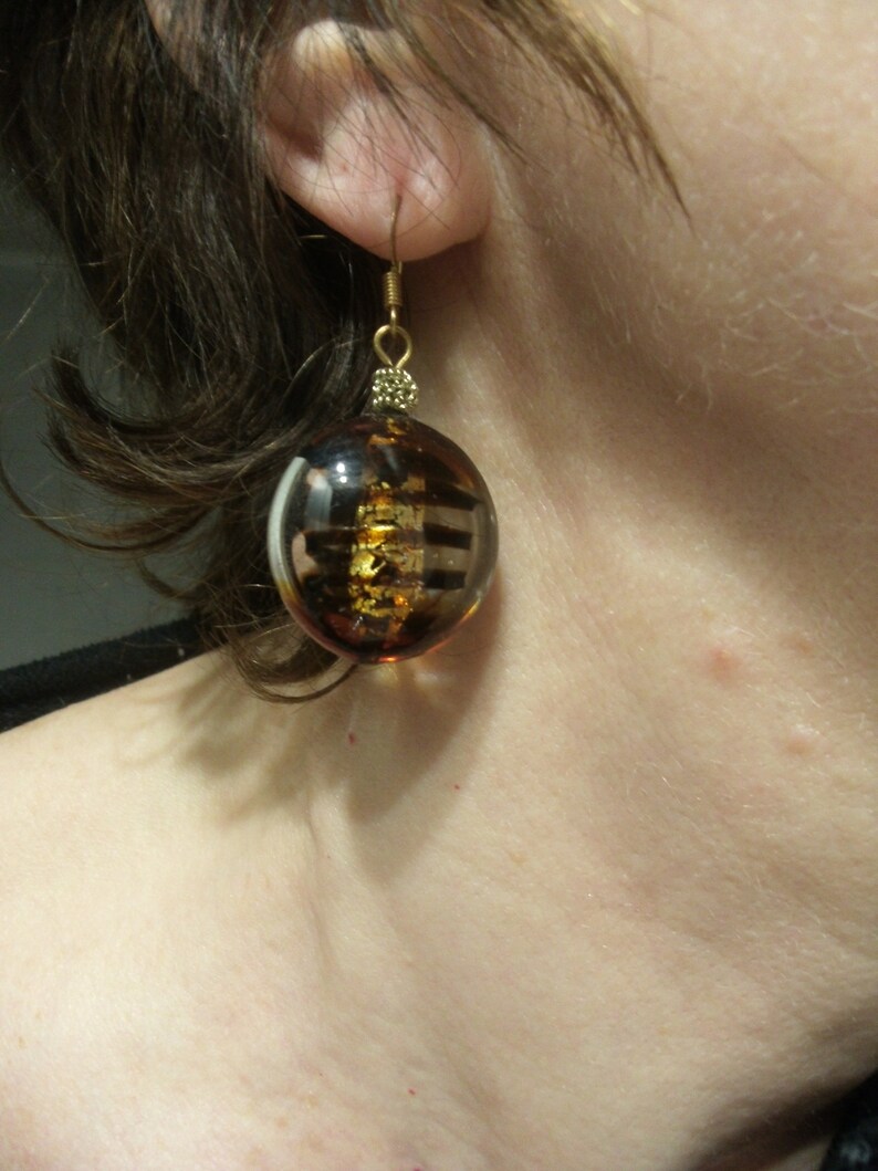 gold plated earrings and Lampwork bead earrings round Murano earrings dangle earrings gold leaf amber earrings