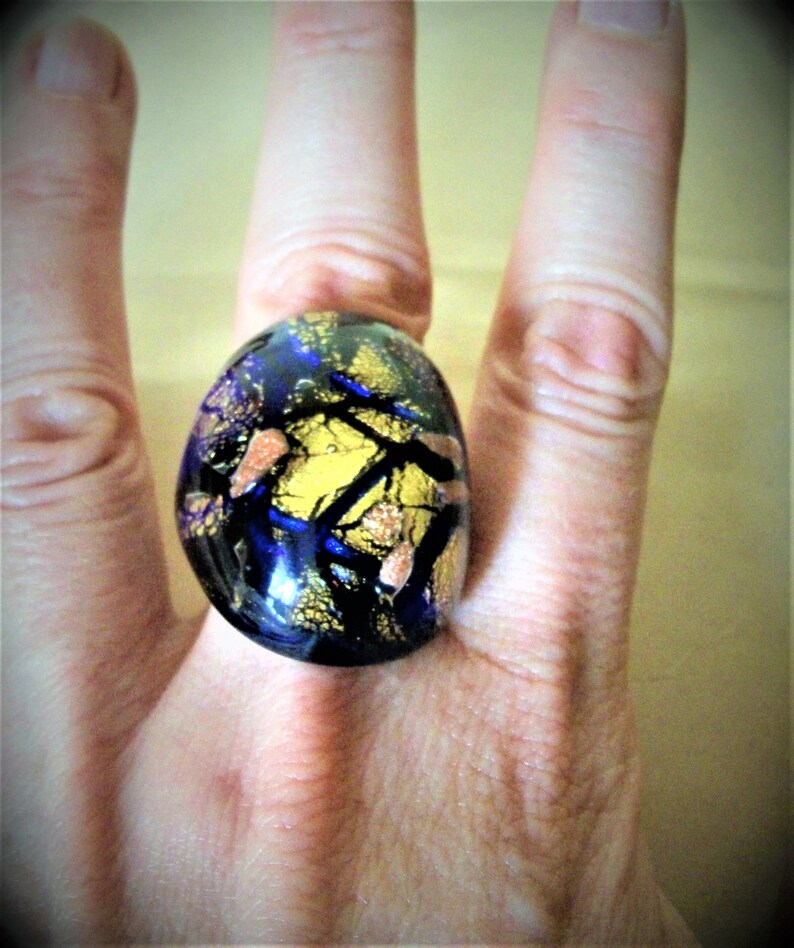 Big Blue and Gold MURANO Glass Ring,Ring Glass Golden Leaf,Big Blue Ring mom,Big Gold Leaf,Gift for mom,jewel for mom
