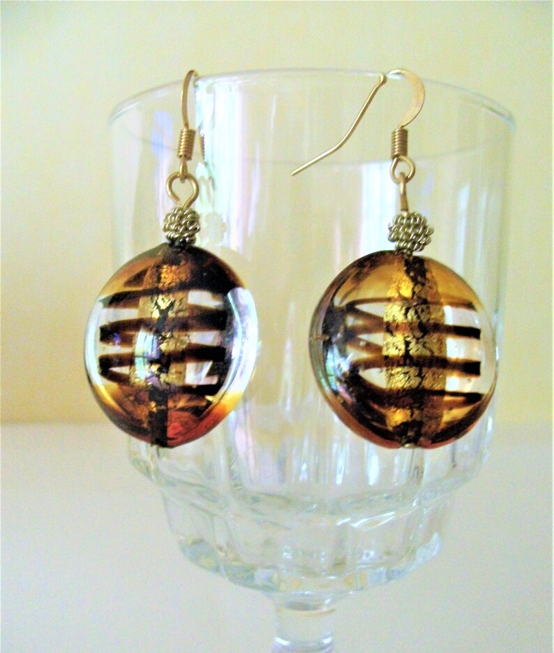 gold plated earrings and Lampwork bead earrings round Murano earrings dangle earrings gold leaf amber earrings