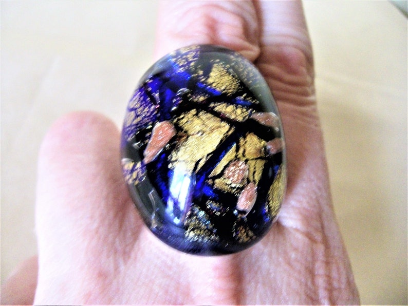 Big Blue and Gold MURANO Glass Ring,Ring Glass Golden Leaf,Big Blue Ring mom,Big Gold Leaf,Gift for mom,jewel for mom