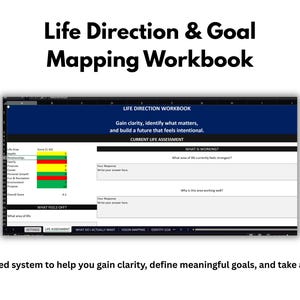 May include: A digital Life Direction & Goal Mapping Workbook spreadsheet interface featuring a Current Life Assessment section with color-coded scoring boxes in yellow, green, and red, alongside text fields for personal responses and goal planning.