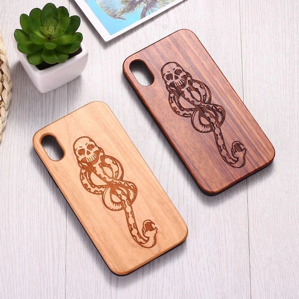 Real Wood Wooden Snake Skull Death Eater Sign Carved Cover Case For iPhone 5 5S SE 6 6S 7 8 Plus X XS XR Max 11 12 13 14 Pro Max