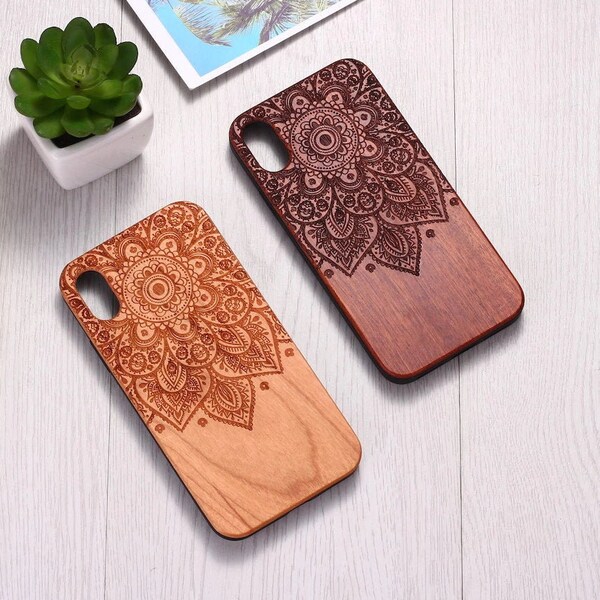 Real Wood Wooden Floral Mandala Boho Hindu Carved Cover Case For iPhone 5 5S SE 6 6S 7 8 Plus X XS XR Max 11 12 13 14 Pro Max