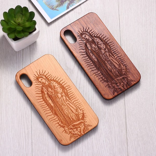 Real Wood Wooden Maria Blessed Virgin Of Guadalupe Christian Carved Cover Case For iPhone 7 8 Plus X XS XR Max 11 12 13 14 Pro Max