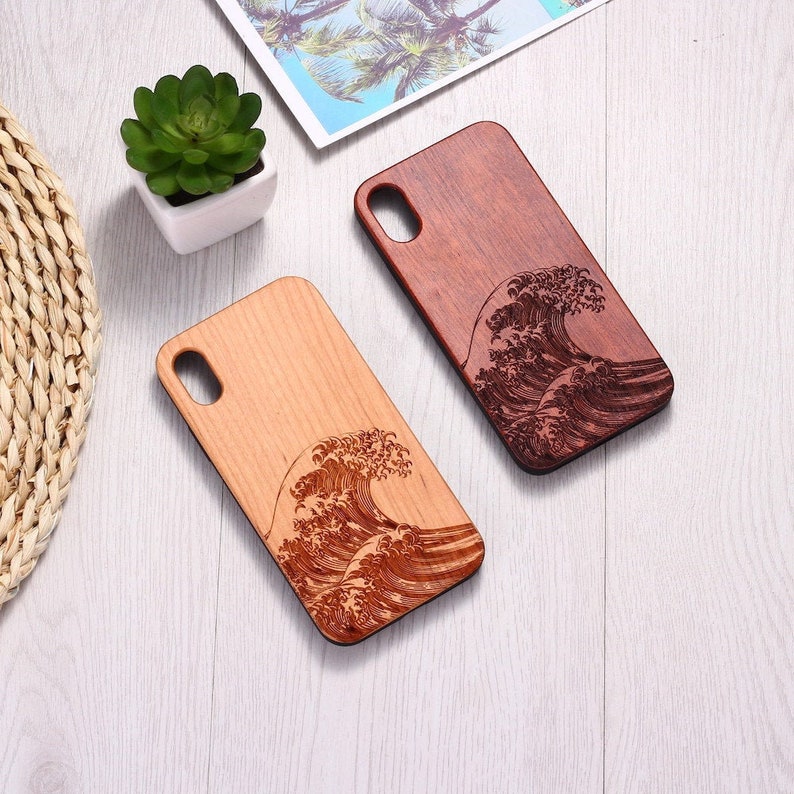 Real Wood Wooden Japanese Kanagawa Wave Carved Cover Case For iPhone 5 5S SE 6 6S 7 8 Plus X XS XR Max 11 12 13 14 Pro Max 