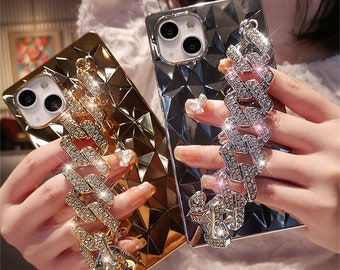 Luxury 3D Silicone iPhone Geometric Bling Shiny Rhinestone Chain Strap Trunk Cover Case For iPhone X XS XR Max 11 12 13 Pro Max