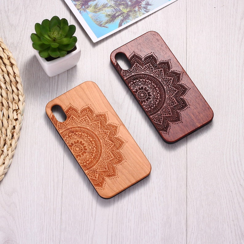 Real Wood Wooden Mandala Hindu Boho Carved Cover Case For iPhone 5 5S SE 6 6S 7 8 Plus X XS XR Max 11 12 13 14 Pro Max 
