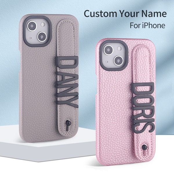 Solid Personalised Custom Text Name Metal Letters PU Leather Luxury Strap Cover Case For iPhone  11 12 13 14 15 Pro MAX