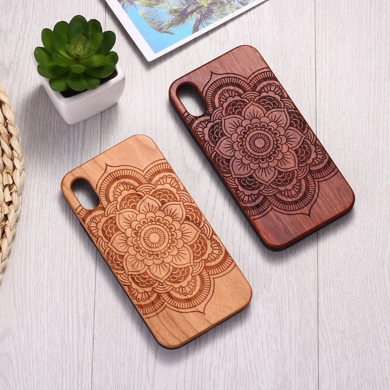 Real Wood Wooden Beautiful Floral Mandala  Boho Carved Cover Case For iPhone 5 5S SE 6 6S 7 8 Plus X XS XR Max 11 12 13 14 Pro Max 