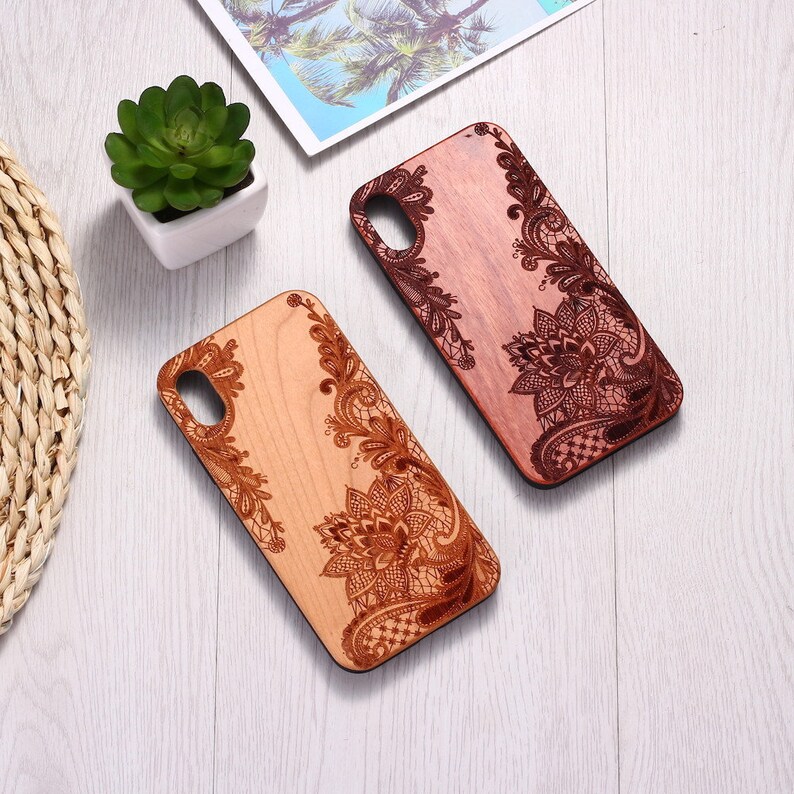 Real Wood Wooden Vintage Floral Lotus Flower Carved Cover Case For iPhone 5 5S SE 6 6S 7 8 Plus X XS XR Max 11 12 13 14 Pro Max 