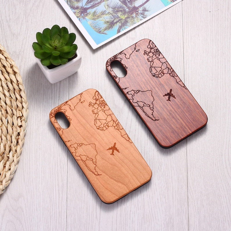 Real Wood Wooden Travel World Map Air Plane Flight Carved Cover Case For iPhone 5 5S SE 6 6S 7 8 Plus X XS XR Max 11 12 13 14 Pro Max 