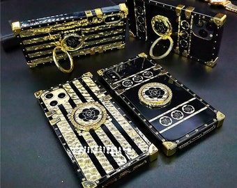Luxury Marble iPhone Case Bling Gold Black Rose Ring Trunk Cover Case For iPhone 11 12 13 14 Pro Max