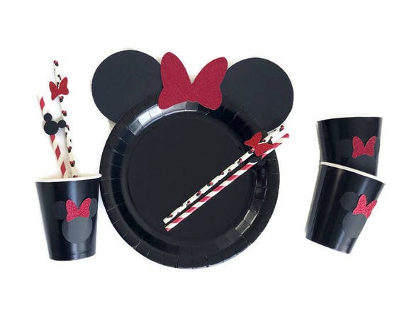 10 Minnie Mouse Plates Set Glitter Red And Black Birthday Etsy