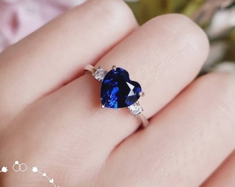 Heart Cut Genuine Lab Grown Sapphire Engagement Ring, 2 Carats Heart Cut Sapphire Trilogy Ring, September Birthstone Gift