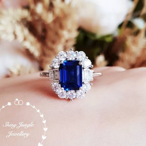 Art Deco Halo Genuine Lab Grown Sapphire Engagement Ring, Rectangular Emerald Cut Royal Blue Sapphire, September Birthstone Promise Ring