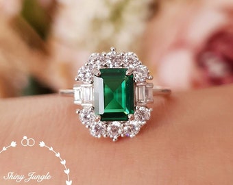 Art deco halo emerald ring, emerald engagement ring, emerald cut emerald ring, white gold plated silver, vintage emerald ring, cluster ring