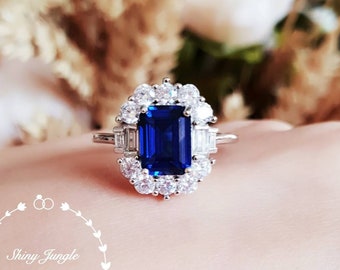 Art Deco Halo Genuine Lab Grown Sapphire Engagement Ring, Rectangular Emerald Cut Royal Blue Sapphire, September Birthstone Promise Ring