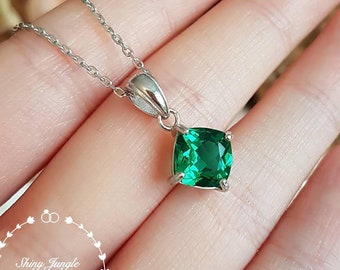 Muzo green cushion cut emerald necklace, Square emerald pendant with chain, white gold/rose gold plated silver, May birthstone gift