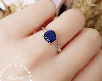 Genuine Lab Grown Royal Blue Cushion Cut Sapphire Engagement Ring, Square Cut Sapphire Solitaire Ring, September Birthstone Promise Ring